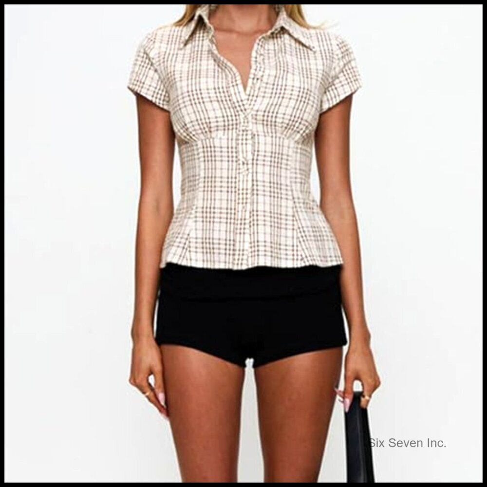 Y2K V-Neck Crop Top Short Sleeve Button-Up Blouse Slim Fit Fairycore - Picture 3 of 7